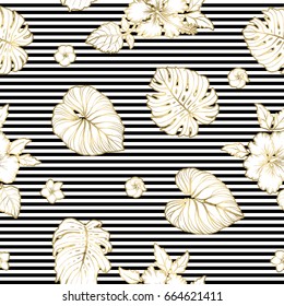 Seamless tropical pattern with stripes. Leaves palm tree illustration. Modern graphics. Plumeria flowers, hibiscus.