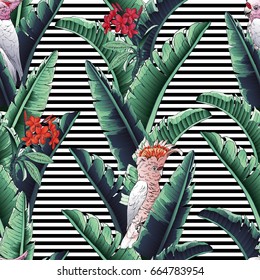 Seamless tropical pattern with stripes. Leaves palm tree illustration. Modern graphics. Plumeria flowers, parrot.
