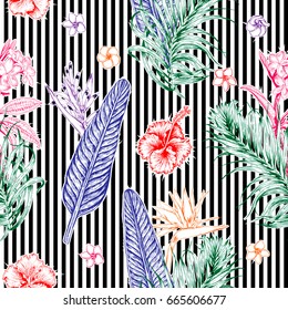 Seamless tropical pattern with stripes. Leaves palm tree illustration. Modern graphics. Plumeria flowers, bird in paradise, hibiscus.