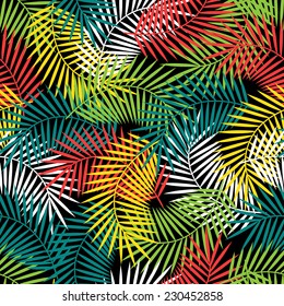 Seamless tropical pattern with stylized coconut palm leaves.