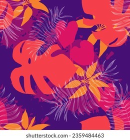 Seamless tropical pattern with stylized coconut palm leaves.