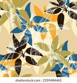 Seamless tropical pattern with stylized coconut palm leaves.