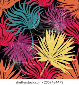 Seamless tropical pattern with stylized coconut palm leaves.