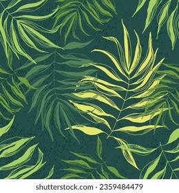 Seamless tropical pattern with stylized coconut palm leaves.