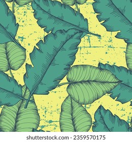 Seamless tropical pattern with stylized coconut palm leaves.