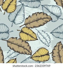 Seamless tropical pattern with stylized coconut palm leaves.