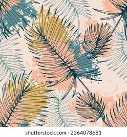 Seamless tropical pattern with stylized coconut palm leaves.