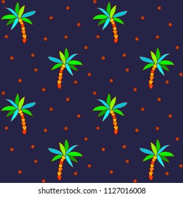 Seamless tropical pattern with stylized palm trees and dotted background on a dark navy backdrop.
The design features bright, colorful palm trees with green and turquoise leaves and warm orange trunks, evenly spaced across a deep blue background with small decorative coconut-dots. The bold color contrast creates a playful, modern, and slightly retro tropical feel.

This seamless pattern is ideal for textile design, summer fabrics, beachwear, wrapping paper, wallpaper, home decor, kids’ products, stationery, and tropical-themed packaging.
Perfect for projects related to summer, vacation, island style, resort branding, and fun decorative surfaces.

The repeating layout allows easy scaling for both small and large surface applications.

This pattern is the dark (night) version of a four-color collection, including dark, light (day), yellow and green colorways.