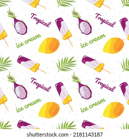 Seamless tropical pattern. Seamless summer vector with ice cream. Exotic fruit yellow mango and pink with seeds dragon fruit.  Exotic pattern for a print of clothing or packaging or home textiles. 