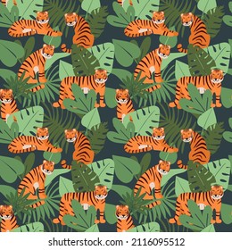 Seamless tropical pattern with tigers in different poses and green palm leaves. Cartoon animal characters. Cute background for fabric or wallpaper boho design. Hand drawn Flat Vector illustration.