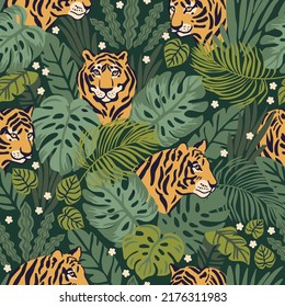 Seamless tropical pattern with tigers and rainbow plants. Vector hand draw surface design.