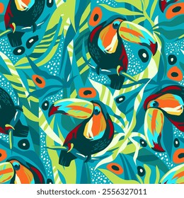 Seamless tropical pattern with toucan bird, leaves and flowers. Bright colorful jungle background. Toucans in the forest. Hand drawn cartoon style pattern. Vector illustration.