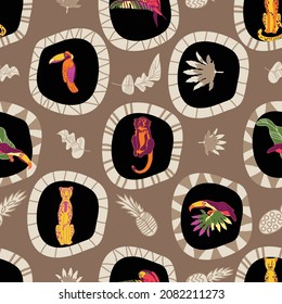 seamless tropical pattern with toucan , cheetah and monkey, vector design for paper, fabric and other surface