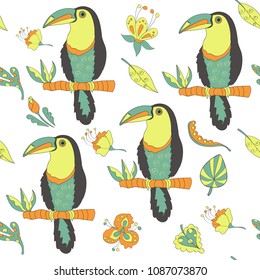 Seamless tropical pattern with toucan, leaves and flowers, vector, textile design