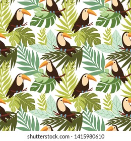 Seamless tropical pattern with toucan and palm leaves