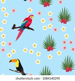 Seamless tropical pattern with toucan and parrot, hibiscus flowers and palm leaves.