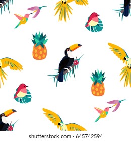 Seamless tropical pattern with toucan, parrot, pineapple and hummingbird