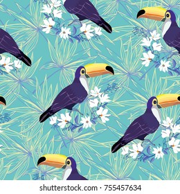Seamless tropical pattern with Toucan. Vector summer background