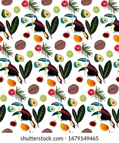 Seamless tropical pattern with toucans, coconut, mango, lemon, avocado