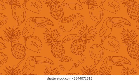 Padrão tropical sem costura com tucanos, cocos, abacaxi e folhas de palmeira na cor laranja.