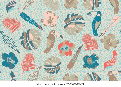 seamless tropical pattern with toucans, exotic flowers and leaves, vector design for paper, fabric and other surface