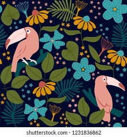 Seamless tropical pattern of toucans, flowers, palms and leaves. 