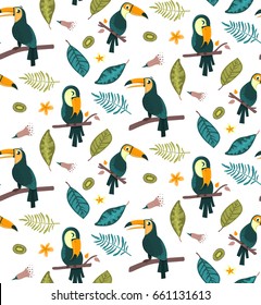 Seamless tropical pattern with toucans, kiwi, leaves and flowers. Vector illustration.