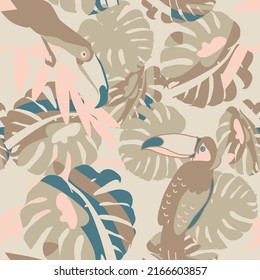 seamless tropical pattern with toucans and leaves, vector design for paper, fabric and other surface