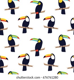 Seamless tropical pattern with toucans on white background. Vector illustration