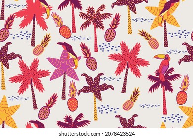 seamless tropical pattern with toucans, pineapples and palm trees, vector design for paper, fabric and other surface