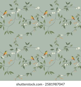 Seamless tropical pattern with trees, birds and flowers. Jungle background with colorful birds, trees, leaves. Vector illustration. Green background. Wallpaper and card