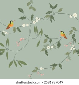 Seamless tropical pattern with trees, birds and flowers. Jungle background with colorful birds, trees, leaves. Vector illustration. Green background. Wallpaper and card