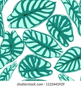 Seamless Tropical Pattern. Trendy Background with Rain Forest Plants. Vector Leaf of Alocasia. Araceae. Handwritten Jungle Foliage in Watercolor Style. Seamless Exotic Pattern for Textile, Fabric.