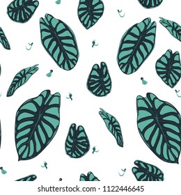 Seamless Tropical Pattern. Trendy Background with Rain Forest Plants. Vector Leaf of Alocasia. Araceae. Handwritten Jungle Foliage in Watercolor Style. Seamless Exotic Pattern for Textile, Fabric.