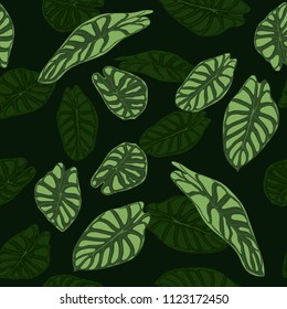 Seamless Tropical Pattern. Trendy Background with Rain Forest Plants. Vector Leaf of Alocasia. Araceae. Handwritten Jungle Foliage in Watercolor Style. Seamless Exotic Pattern for Textile, Fabric.