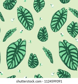 Seamless Tropical Pattern. Trendy Background with Rain Forest Plants. Vector Leaf of Alocasia. Green Araceae. Handwritten Jungle Foliage in Watercolor Style. Seamless Exotic Pattern for Tile, Fabric.