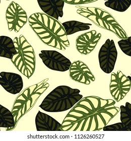Seamless Tropical Pattern. Trendy Background with Rain Forest Plants. Vector Leaf of Alocasia. Araceae. Handwritten Jungle Foliage in Watercolor Style. Seamless Exotic Pattern for Textile, Fabric.