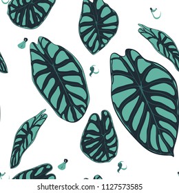 Seamless Tropical Pattern. Trendy Background with Rain Forest Plants. Vector Leaf of Alocasia. Araceae. Handwritten Jungle Foliage in Watercolor Style. Seamless Exotic Pattern for Textile, Fabric.
