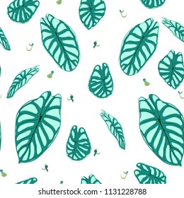 Seamless Tropical Pattern. Trendy Background with Rain Forest Plants. Vector Leaf of Alocasia. Araceae. Handwritten Jungle Foliage in Watercolor Style. Seamless Exotic Pattern for Textile, Fabric.