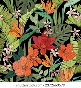 Seamless tropical pattern with various flowers. Hibiscus, bird of paradise flowers and palm leaves. Vector illustration.