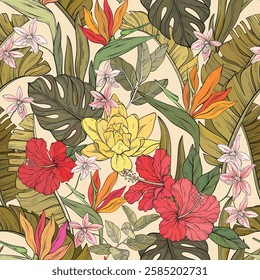 Seamless tropical pattern with various flowers. Hibiscus, bird of paradise flowers and palm leaves on a pastel background. Vector illustration.