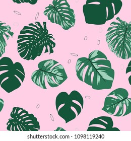 Seamless Tropical Pattern. Vector Monstera Leaves. Beautiful Hand-drawn Background with Philodendron. Exotic Illustration with Jungle Foliage. Seamless Tropical Pattern For Print, Textile, Fabric.