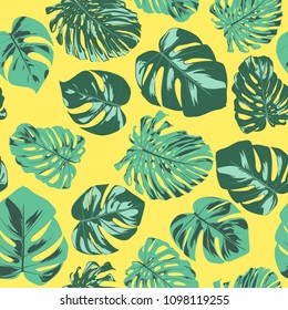 Seamless Tropical Pattern. Vector Monstera Leaves. Beautiful Hand-drawn Background with Palm Philodendron. Exotic Wallpaper with Jungle Foliage. Seamless Tropical Pattern For Textile, Fabric, Paper.