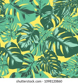 Seamless Tropical Pattern. Vector Monstera Leaves. Beautiful Hand-drawn Background with Palm Philodendron. Exotic Wallpaper with Jungle Foliage. Seamless Tropical Pattern For Textile, Fabric, Paper.