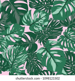 Seamless Tropical Pattern. Vector Monstera Leaves. Beautiful Hand-drawn Background with Philodendron. Exotic Illustration with Jungle Foliage. Seamless Tropical Pattern For Print, Textile, Fabric.