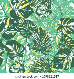 Seamless Tropical Pattern. Vector Monstera Leaves. Beautiful Hand-drawn Background with Palm Philodendron. Exotic Wallpaper with Jungle Foliage. Seamless Tropical Pattern For Textile, Fabric, Paper.