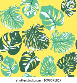 Seamless Tropical Pattern. Vector Monstera Leaves. Beautiful Hand-drawn Background with Palm Philodendron. Exotic Wallpaper with Jungle Foliage. Seamless Tropical Pattern For Textile, Fabric, Paper.