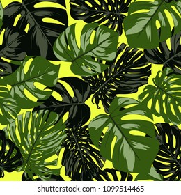 Seamless Tropical Pattern. Vector Monstera Leaves. Beautiful Hand-drawn Background with Philodendron. Exotic Illustration with Jungle Foliage. Seamless Tropical Pattern For Print, Textile, Fabric.