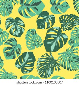 Seamless Tropical Pattern. Vector Monstera Leaves. Beautiful Hand-drawn Background with Palm Philodendron. Exotic Wallpaper with Jungle Foliage. Seamless Tropical Pattern For Textile, Fabric, Paper.