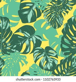 Seamless Tropical Pattern. Vector Monstera Leaves. Beautiful Hand-drawn Background with Palm Philodendron. Exotic Wallpaper with Jungle Foliage. Seamless Tropical Pattern For Textile, Fabric, Paper.